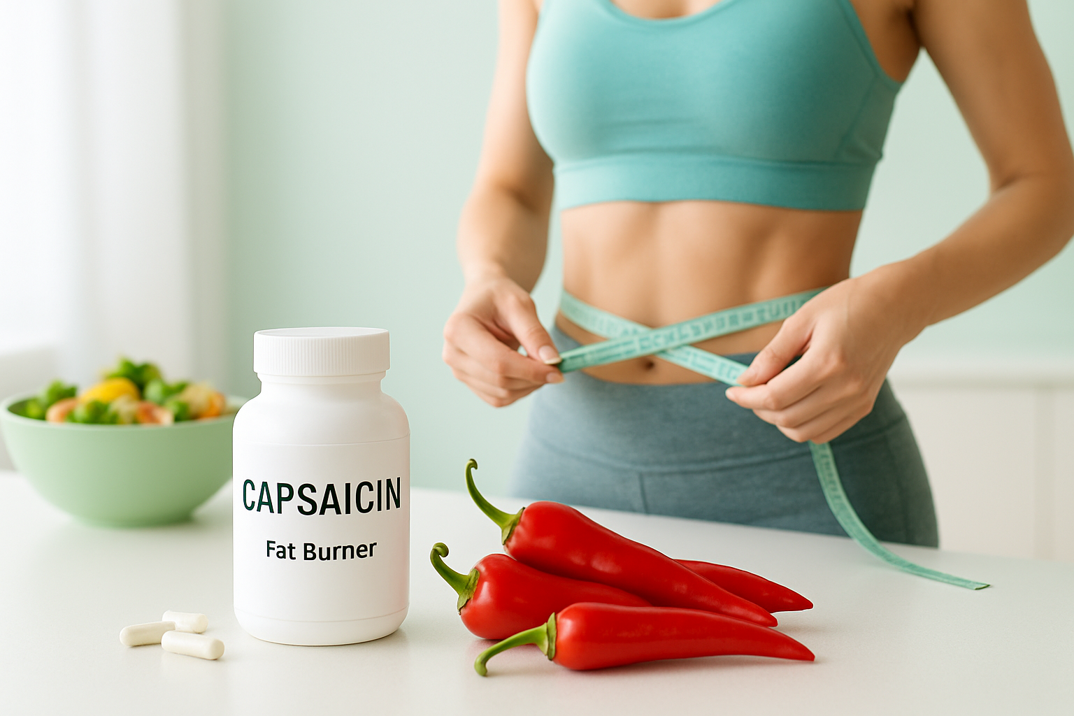 Rote Chilischoten und Capsaicin-Molekülstruktur mit Thermogenese-Grafik zur Fettverbrennung