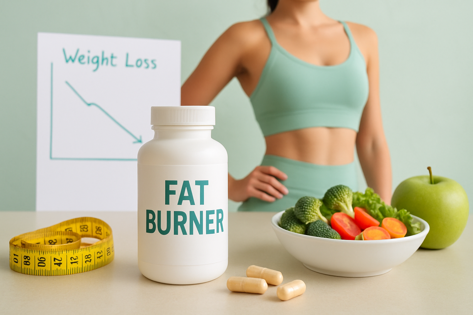 Person plant das Absetzen von Fatburner Supplements mit Kalender und Waage