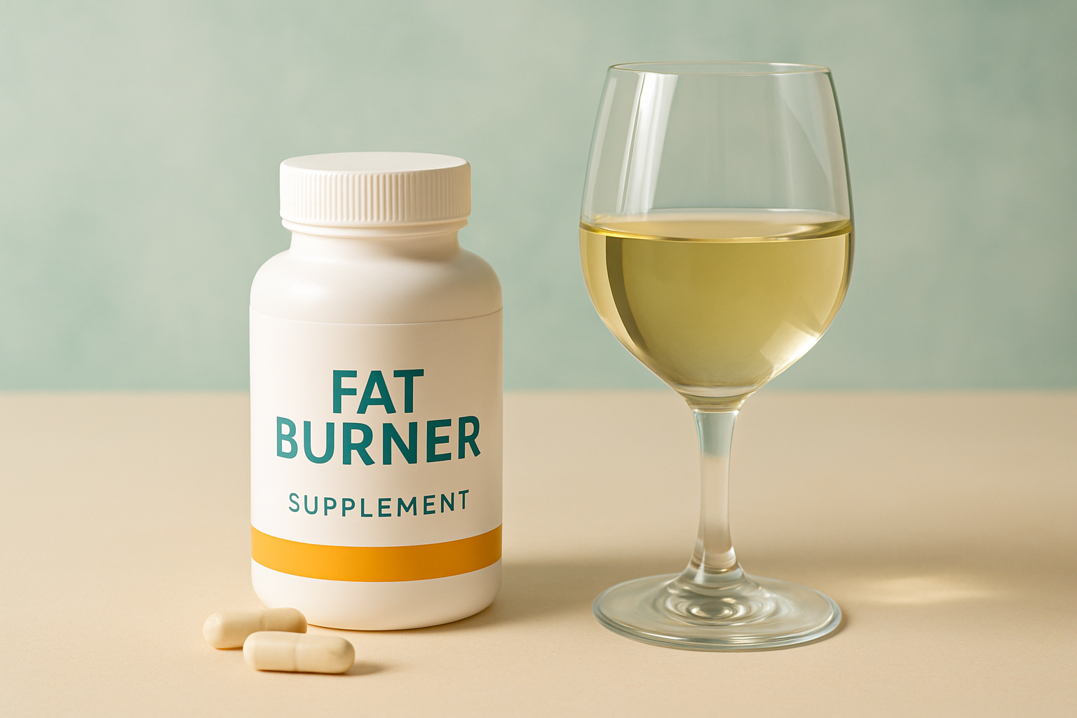 Fatburner Kapseln neben Alkoholglas mit Warnsymbol - Risiken und Sicherheit bei Kombination