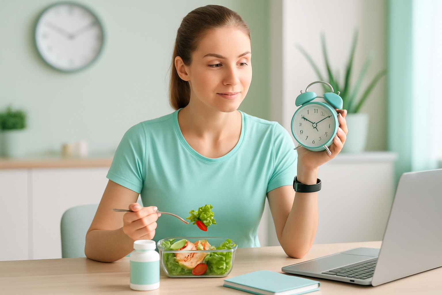 Berufstätiger Mann im Anzug mit gesundem Smoothie und Supplements am Schreibtisch, symbolisiert Integration von Fatburnern in den Arbeitsalltag