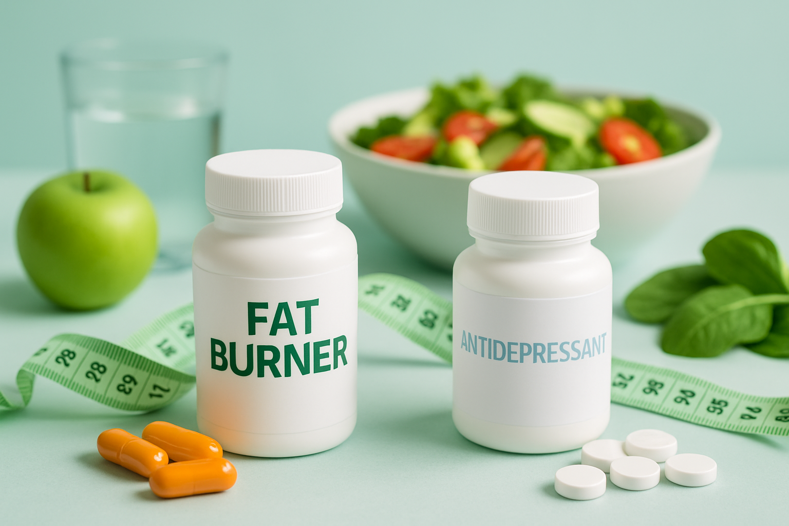 Fatburner Kapseln neben Antidepressiva Medikamenten mit Warnschild für Wechselwirkungen