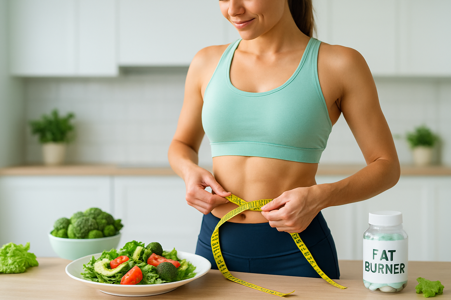 Person misst Bauchumfang mit Maßband während Fatburner-Supplementierung