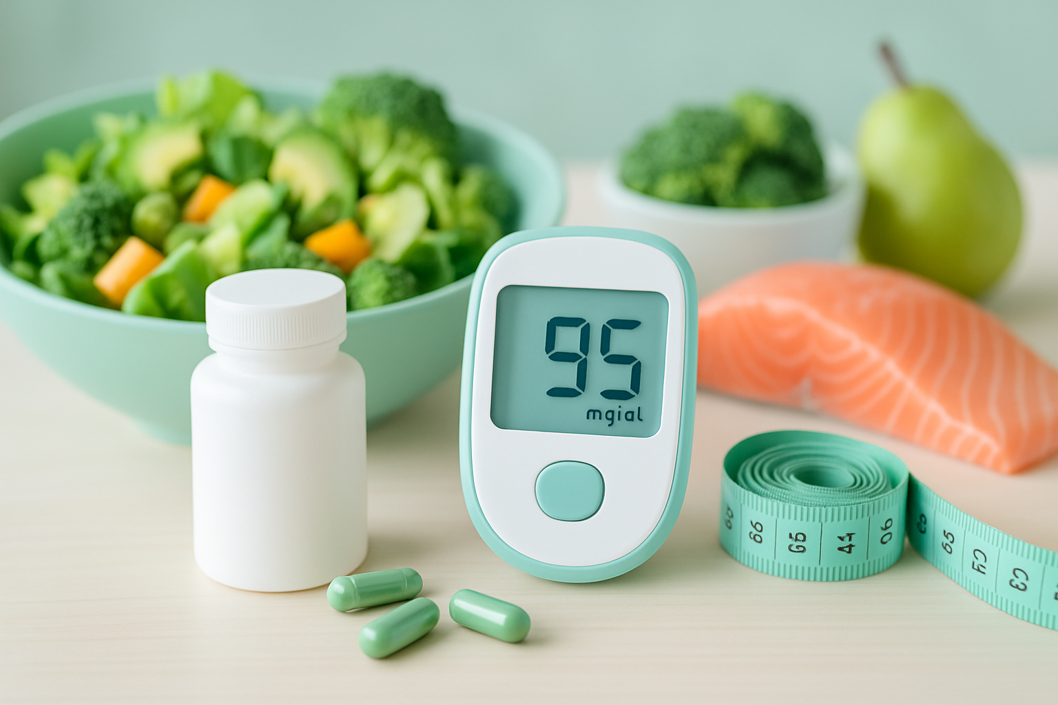 Blutzuckermessgerät neben Fatburner Supplements symbolisiert sichere Anwendung bei Diabetes