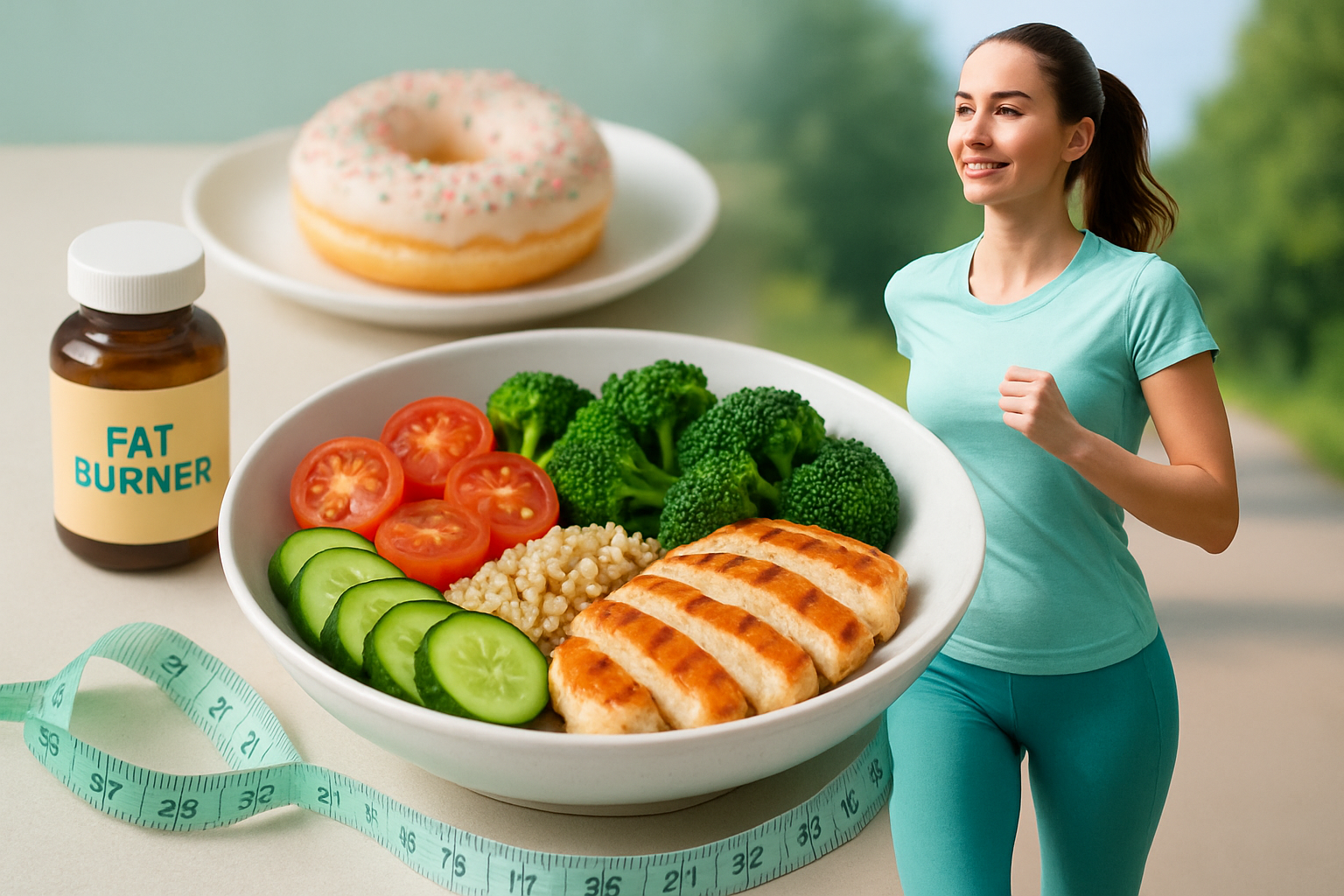 Konzeptbild einer ausgewogenen Diätstrategie mit Fatburnern und geplanten Refeeds für nachhaltigen Abnehmerfolg