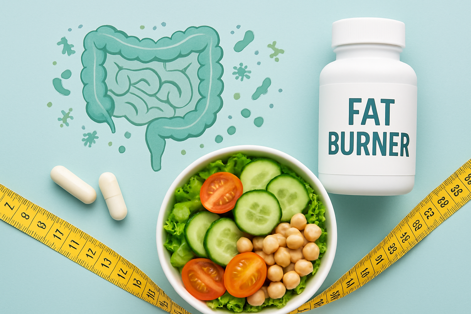Illustration des Darms mit gesunder Mikrobiom-Flora und Fatburner-Molekülen für optimale Fettverbrennung