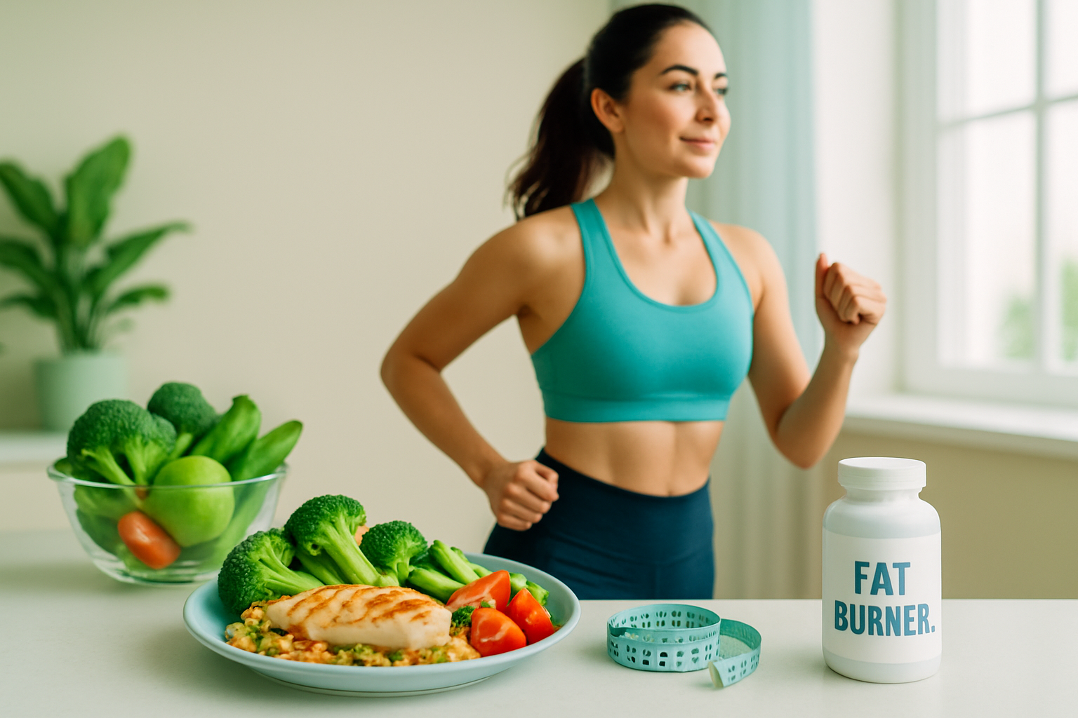 Gesunder Ernährungsplan mit proteinreichen Lebensmitteln, Gemüse und Fatburner Supplements für optimale Fettverbrennung