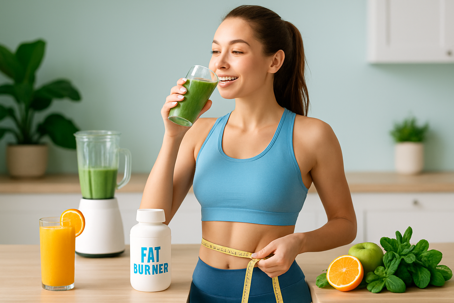 Verschiedene Fatburner-Getränke in Gläsern mit natürlichen Zutaten wie Grüner Tee, Zitrone und Ingwer