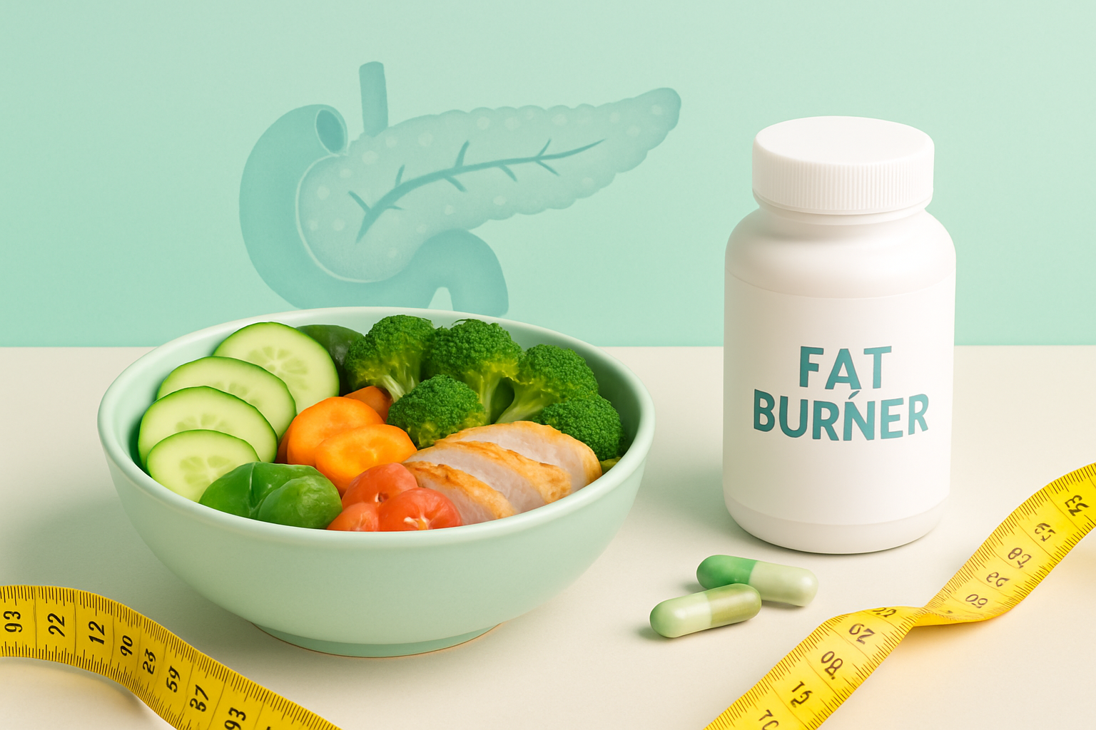 Person mit Blutzuckermessgerät und Fatburner Supplements - symbolisiert sicheres Abnehmen bei Insulinresistenz