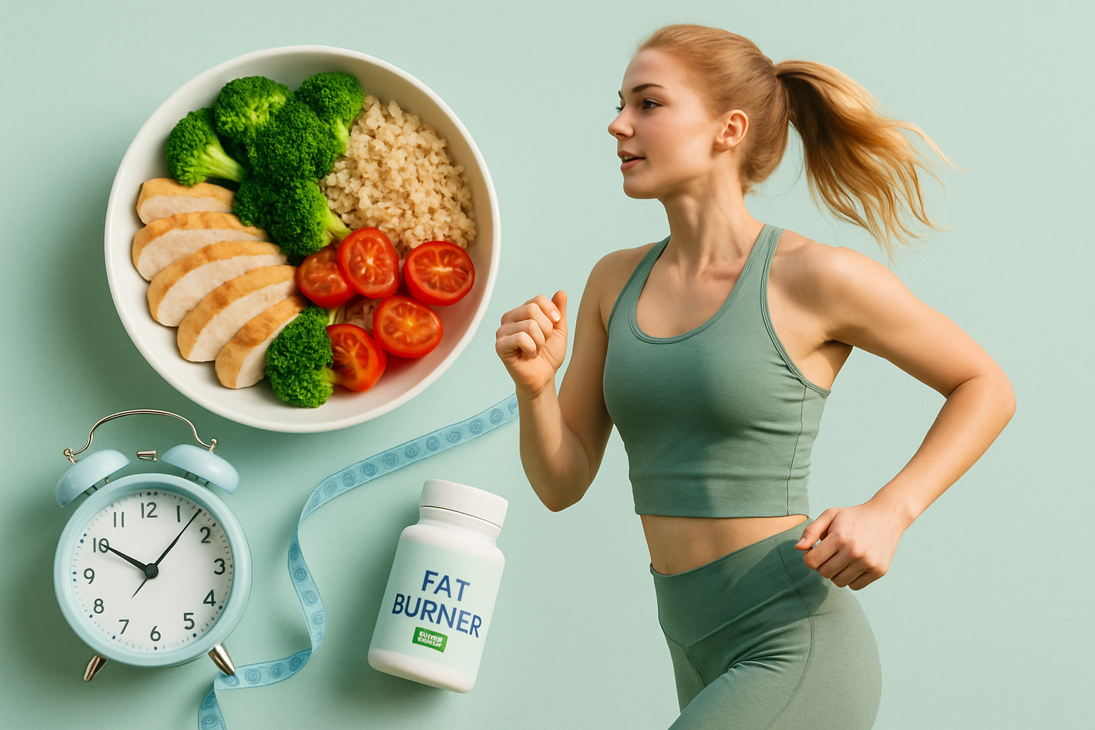 Fatburner Supplements und Intervallfasten Uhr symbolisieren die Kombination beider Abnehm-Methoden