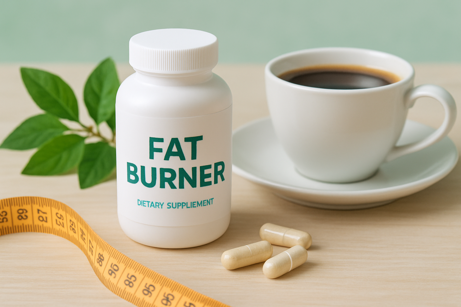 Fatburner Kapseln neben einer Tasse Kaffee – symbolisiert die Kombination von Supplements und Koffein
