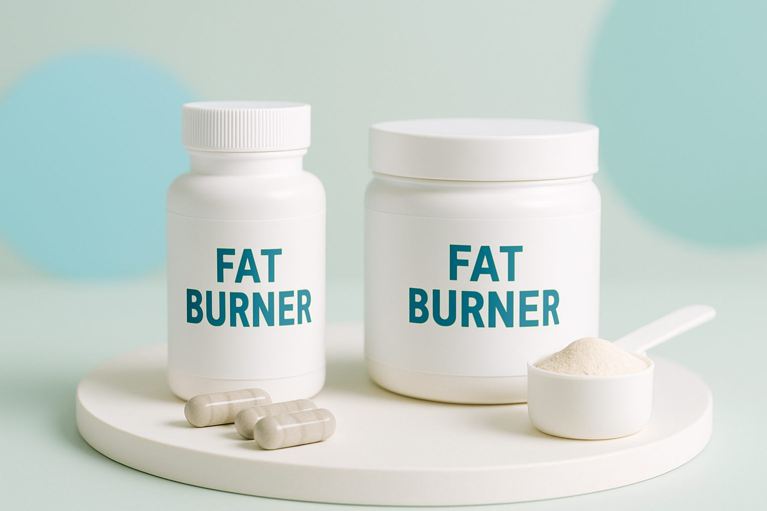 Vergleich verschiedener Fatburner-Darreichungsformen: Kapseln, Pulver und Tabletten nebeneinander