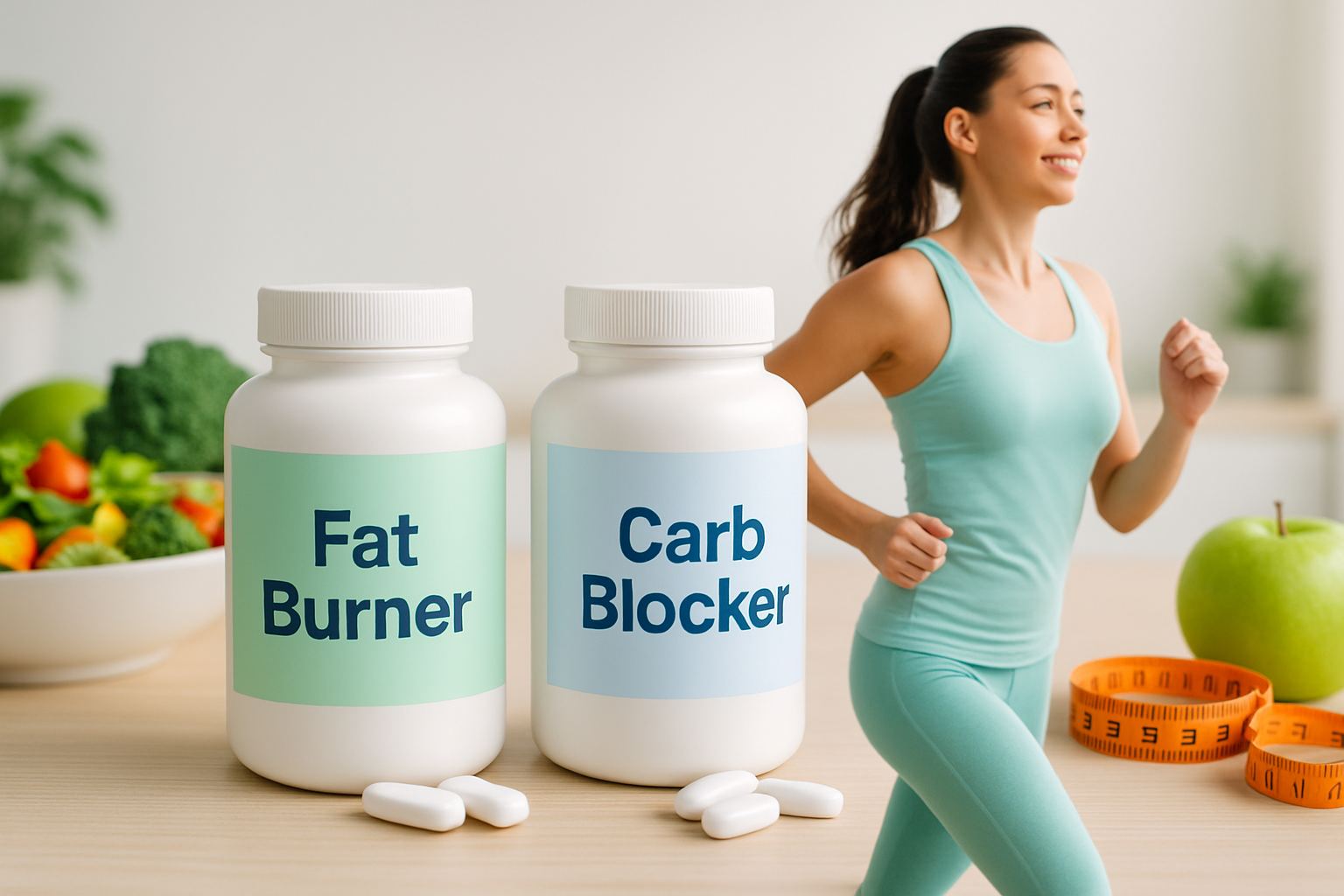 Fatburner und Kohlenhydratblocker Kapseln nebeneinander auf Tisch mit gesunden Lebensmitteln