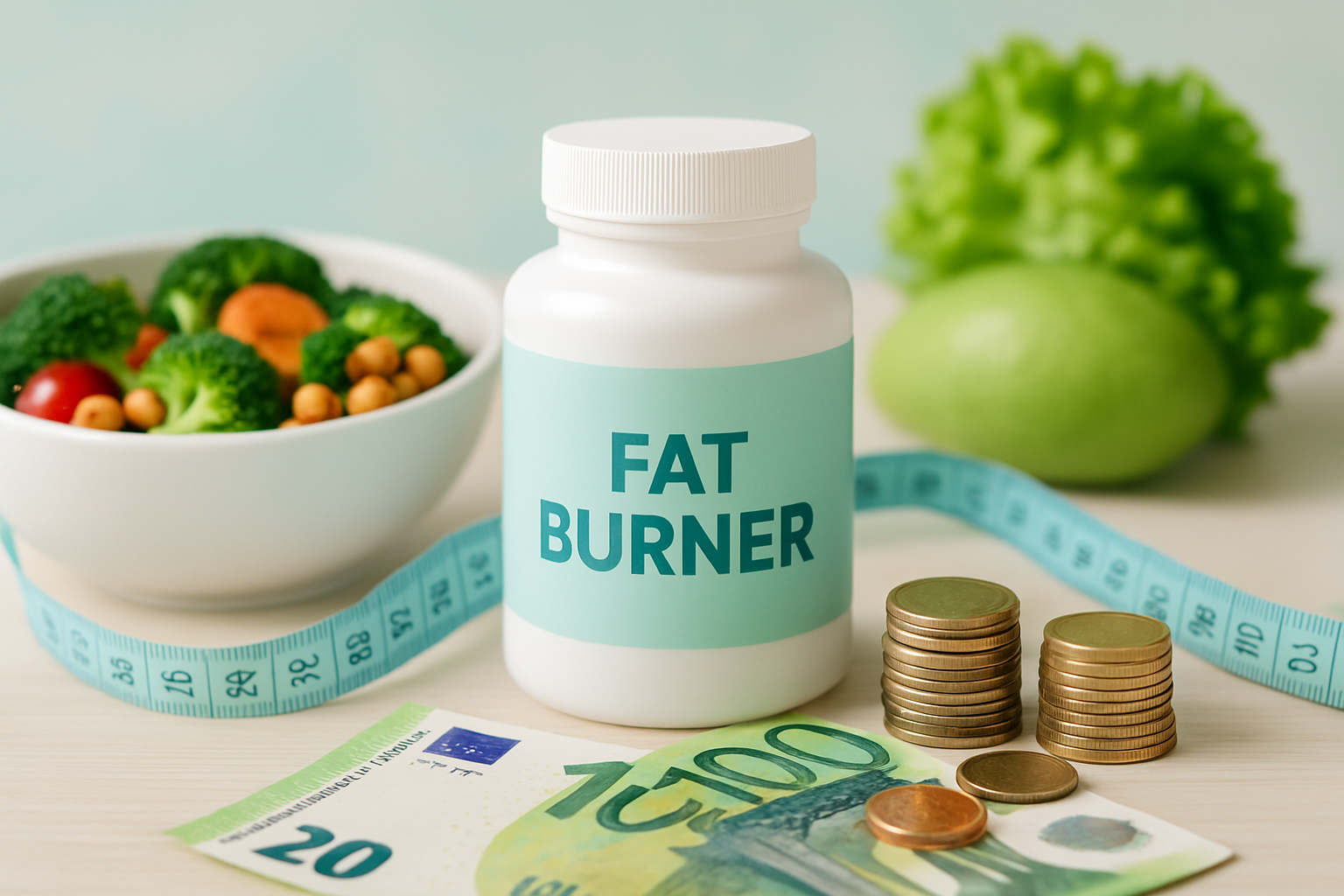 Preisvergleich verschiedener Fatburner Supplements mit Taschenrechner und Euro-Scheinen