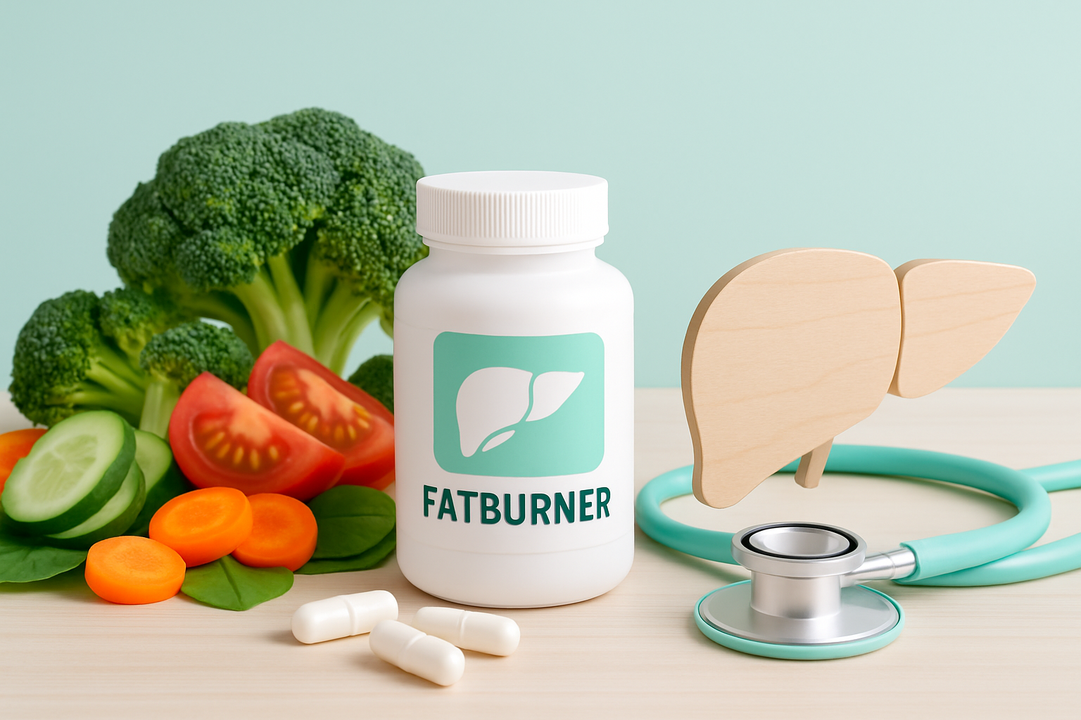 Illustration einer gesunden Leber mit Fatburner Supplements und Schutzschild – symbolisiert sicheren Umgang