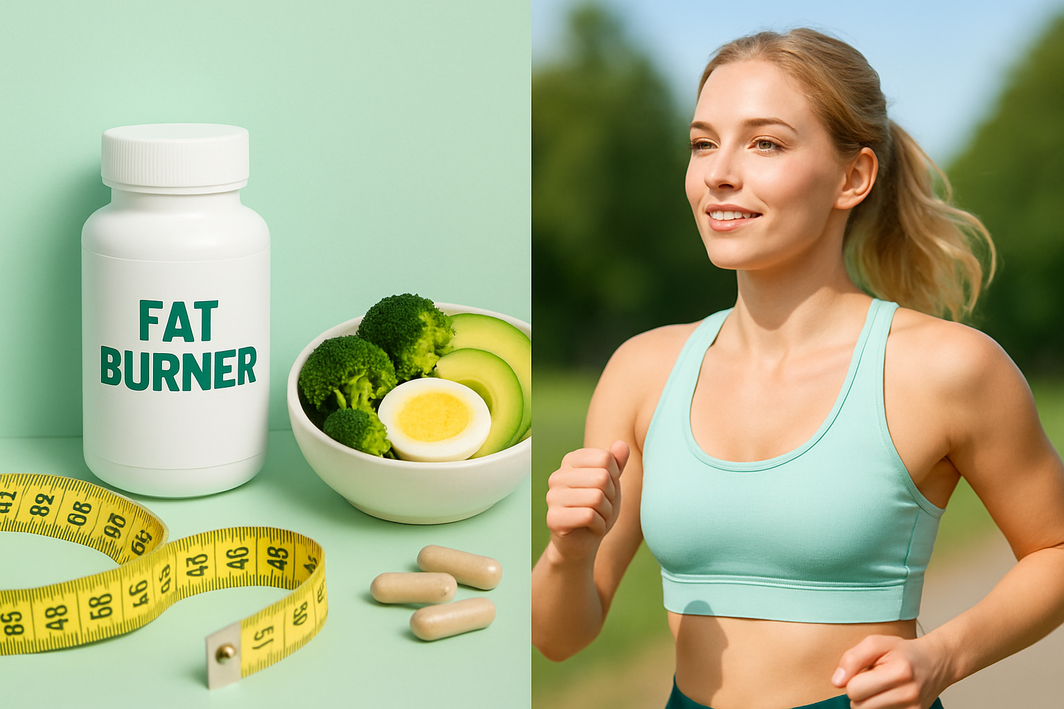 Fatburner Supplements neben ketogenen Lebensmitteln wie Avocado, Nüssen und MCT-Öl