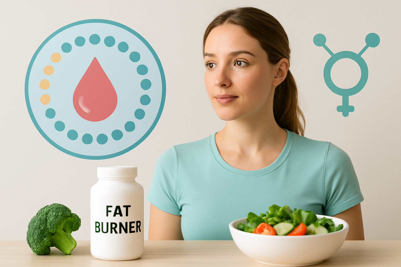 Kalender mit Menstruationszyklus-Phasen und Fatburner-Supplementen für Frauen