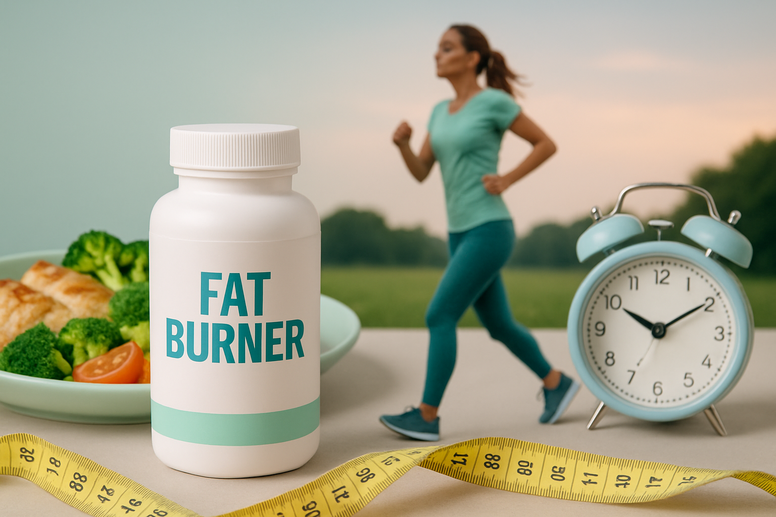 Uhr und Fatburner Kapseln symbolisieren den optimalen Einnahmezeitpunkt morgens oder abends