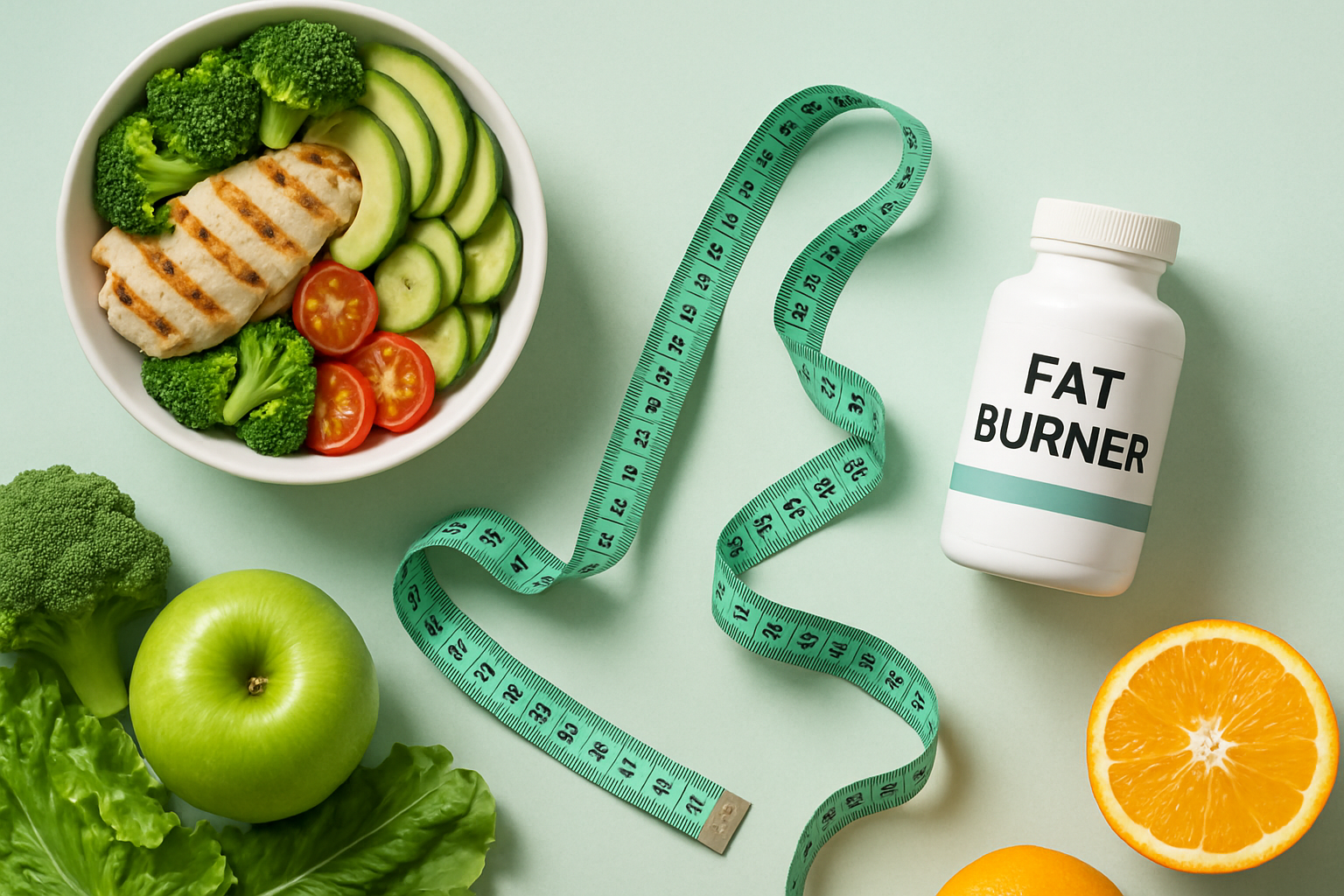 Vergleich zwischen Fatburner Mythen und wissenschaftlichen Fakten mit Waage und wissenschaftlichen Symbolen