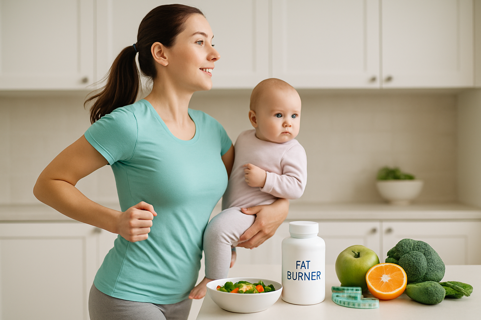 Junge Mutter mit Baby beim Sport – symbolisiert gesundes Abnehmen nach der Schwangerschaft