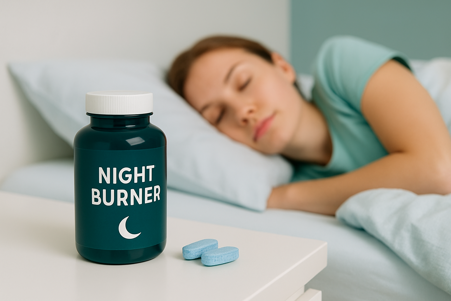 Person schläft friedlich im Bett während nächtliche Fettverbrennung durch Fatburner unterstützt wird