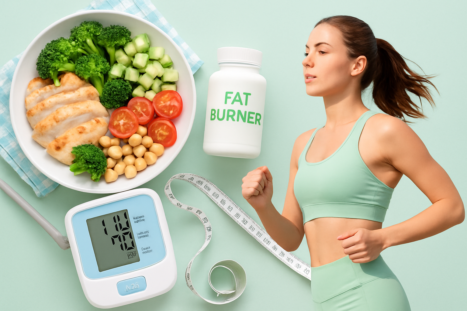 Person misst Blutdruck mit digitalem Messgerät neben Fatburner Supplements