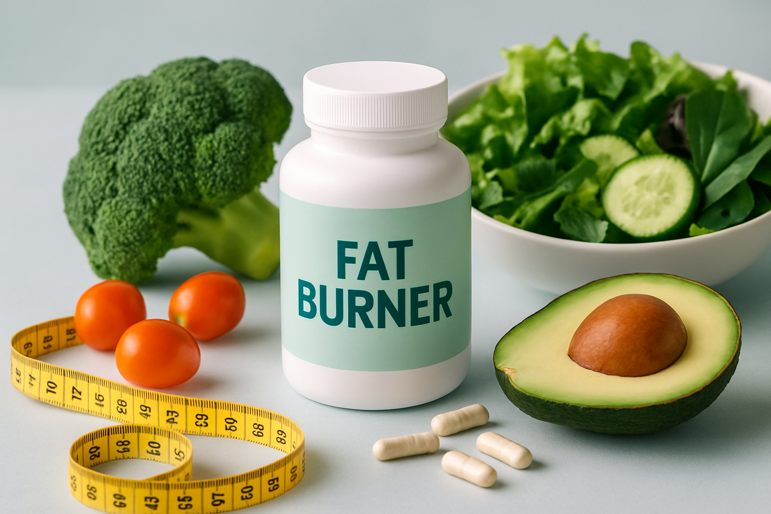 Verschiedene koffeinfreie Fatburner-Wirkstoffe wie L-Carnitin, CLA und Grüner Tee Extrakt angeordnet auf natürlichem Hintergrund