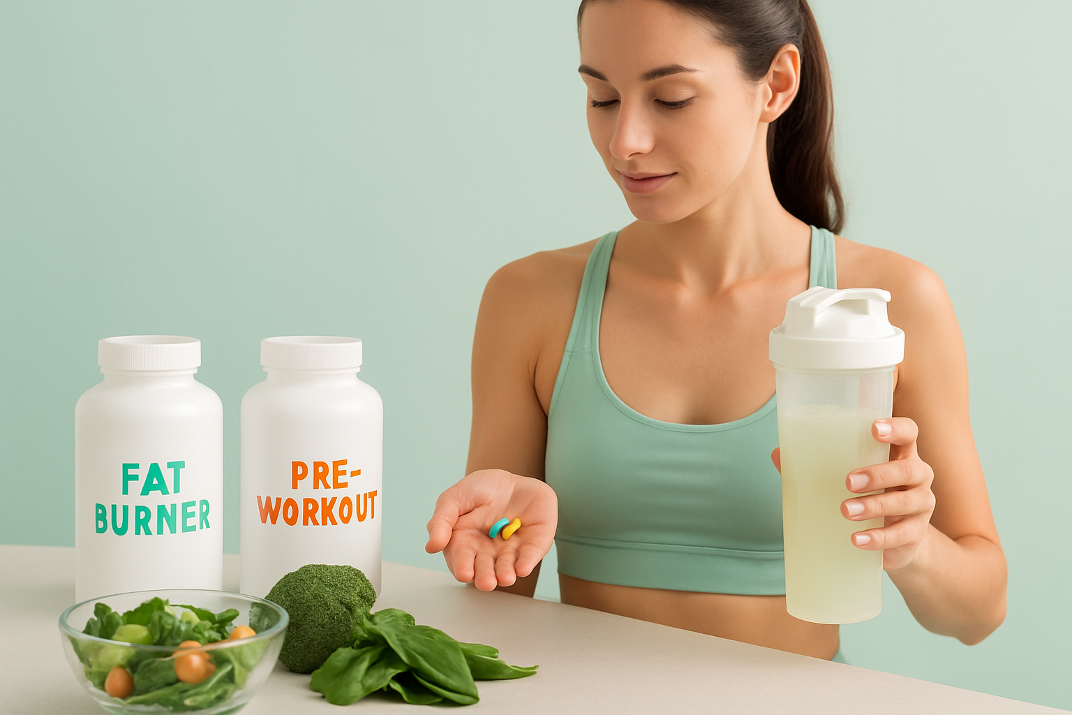 Fatburner und Pre-Workout Supplements nebeneinander mit Hantel und Trainingsplan im Hintergrund