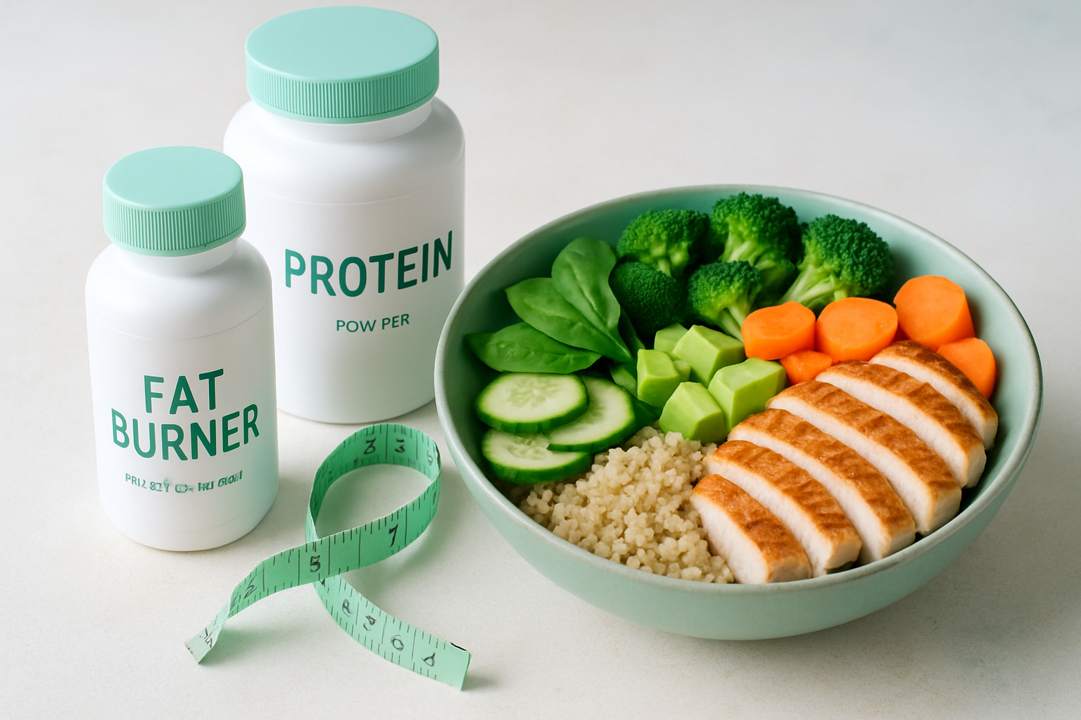 Fatburner und Protein Supplements nebeneinander auf einer Küchentheke mit Shaker und Trainingsequipment