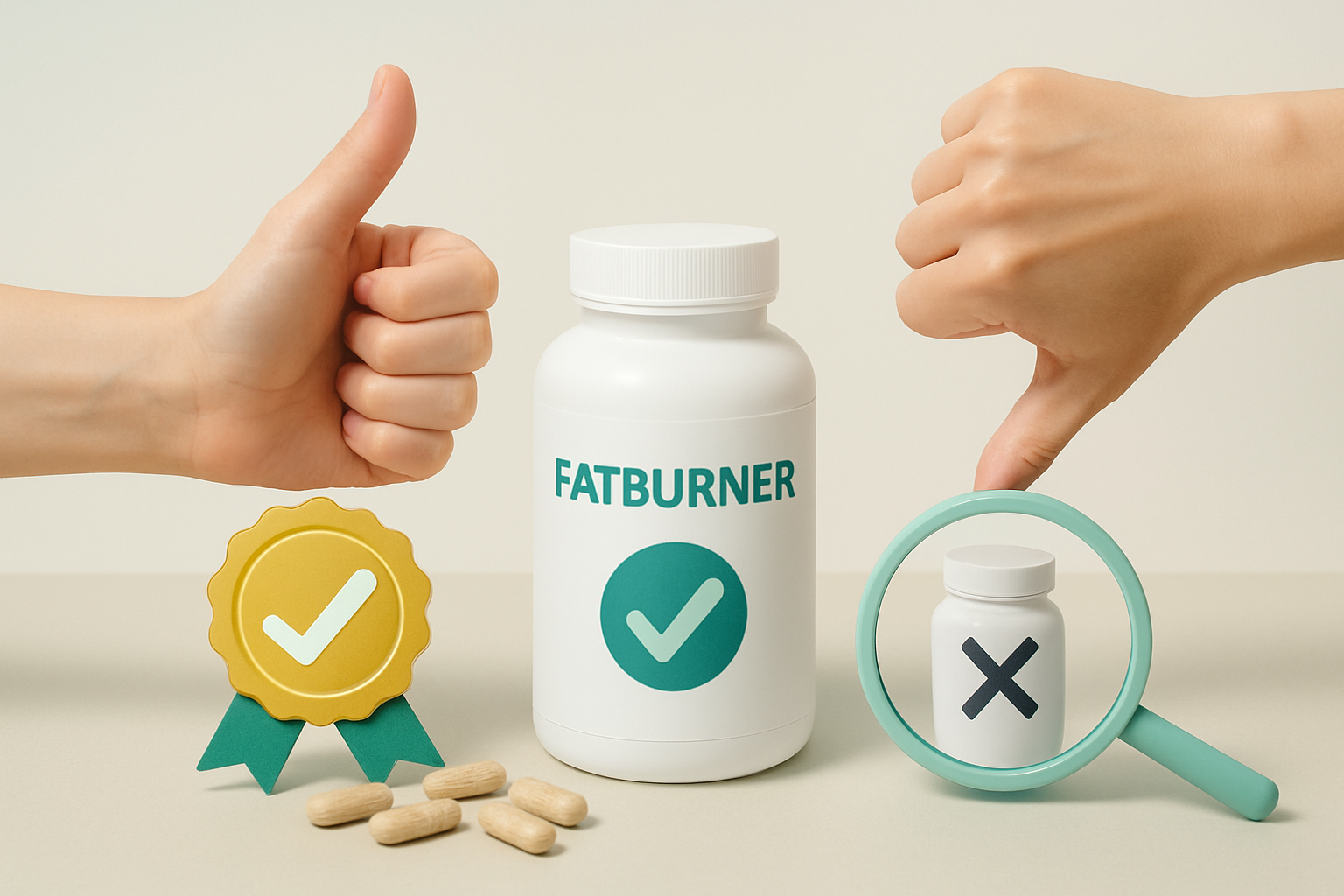 Lupe über Fatburner Supplement mit Qualitätssiegeln und Inhaltsstoff-Deklaration