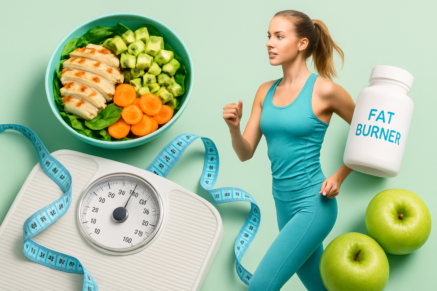 Waage und gesunde Lebensmittel symbolisieren nachhaltiges Gewichtsmanagement nach Fatburner-Einnahme ohne Rebound-Effekt