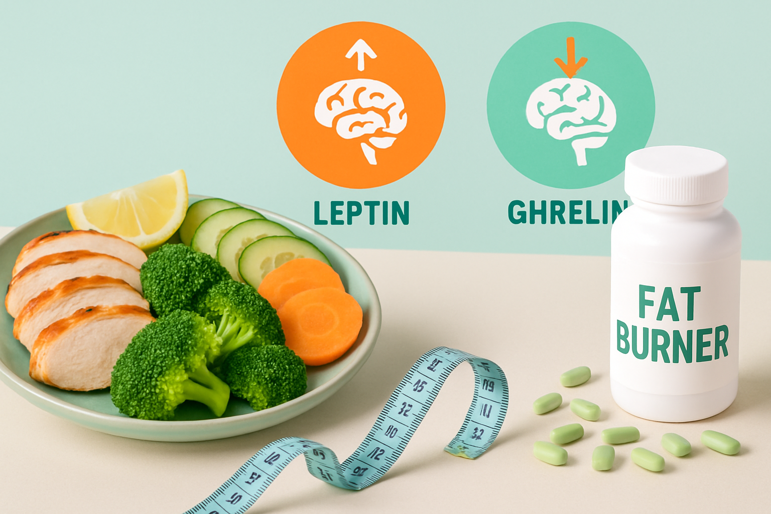 Grafische Darstellung der Wirkung von Fatburnern auf Sättigungshormone Leptin und Ghrelin im Körper