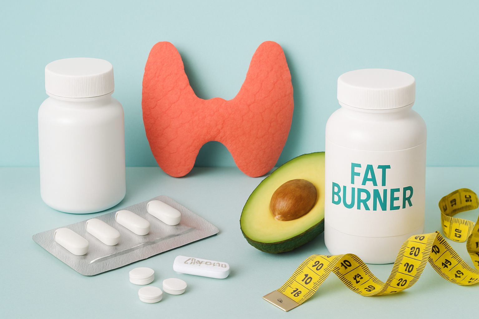 Symbolische Darstellung der Schilddrüse und Fatburner Supplements mit medizinischen Symbolen