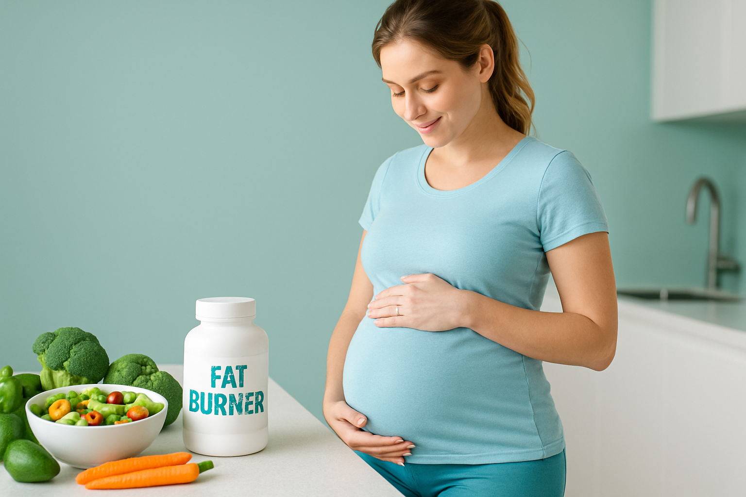 Schwangere Frau mit gesundem Essen – Fatburner in Schwangerschaft und Stillzeit vermeiden