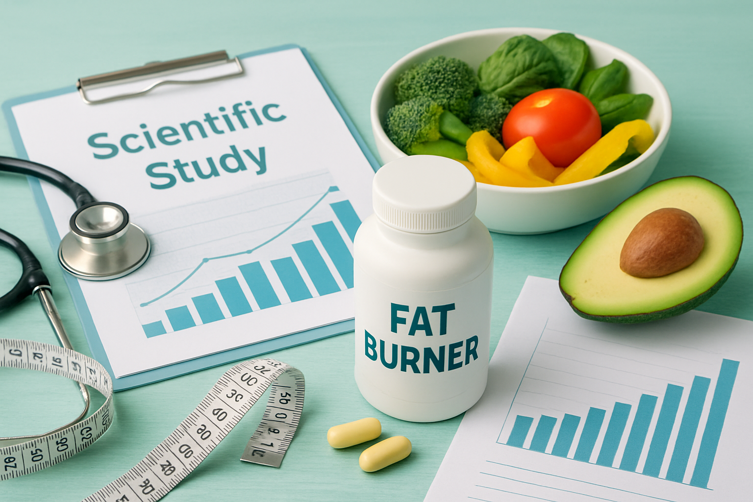 Wissenschaftliche Studien zu Fatburner Supplements - Reagenzgläser, Forschungsunterlagen und Nahrungsergänzungsmittel