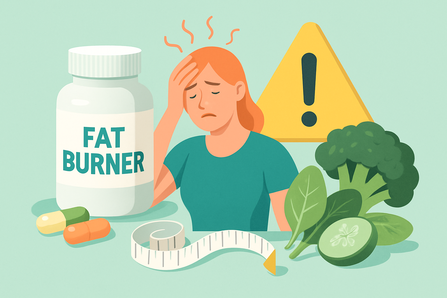 Warnsymbol und Fatburner-Kapseln symbolisieren die Gefahren einer Überdosierung