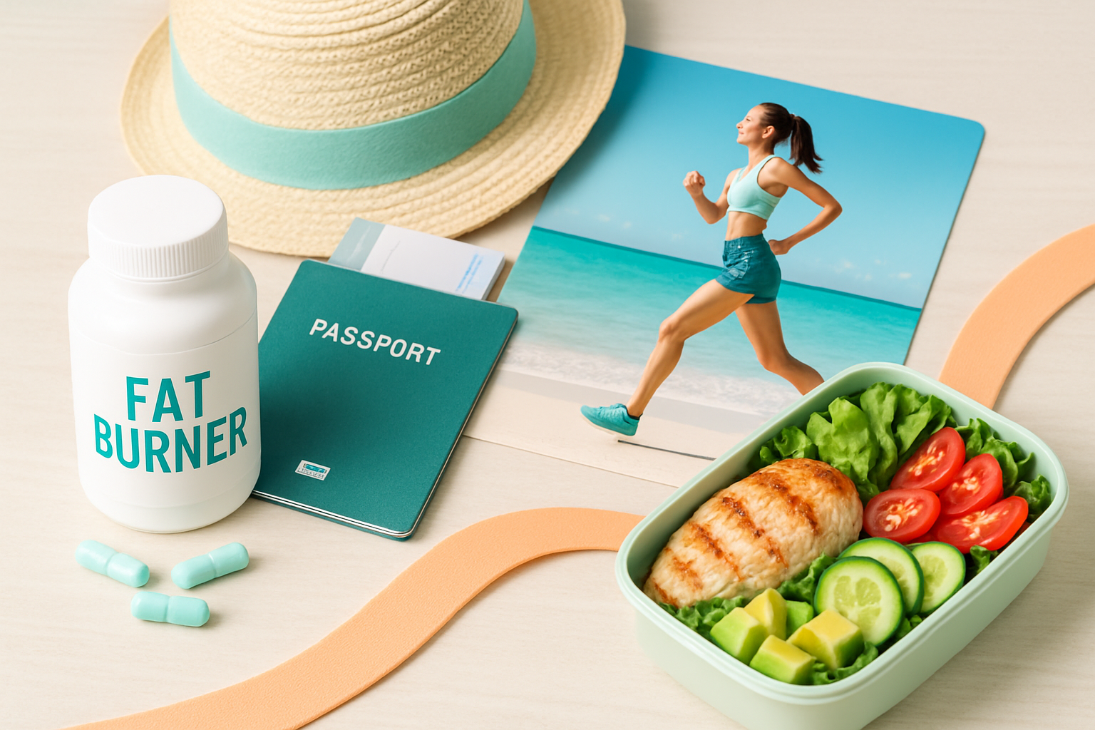 Fatburner Supplements im Reisegepäck mit Strand und gesunden Lebensmitteln