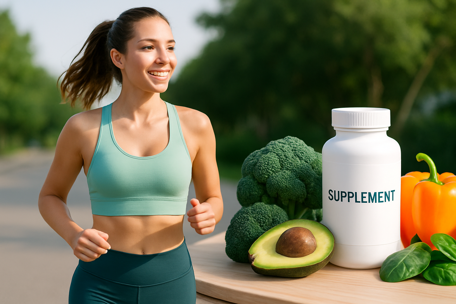 Pflanzliche Fatburner Supplements für Veganer und Vegetarier auf einem Holztisch arrangiert