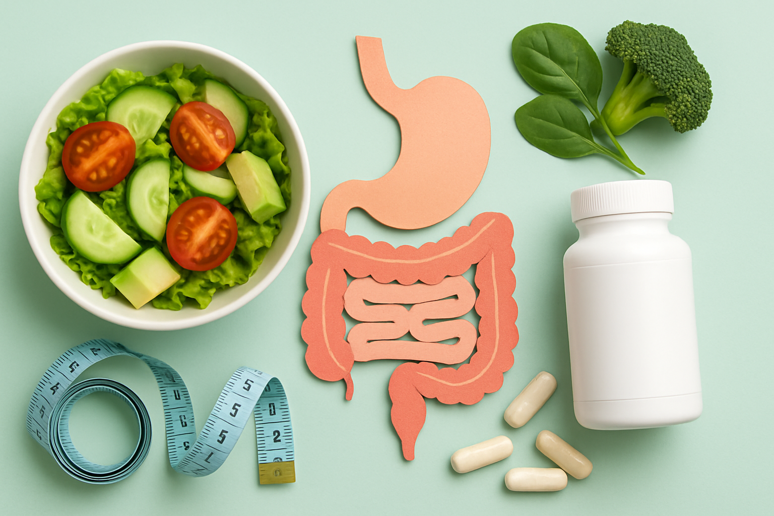 Illustration von Fatburner-Kapseln und einem gesunden Magen-Darm-System mit wissenschaftlichen Symbolen