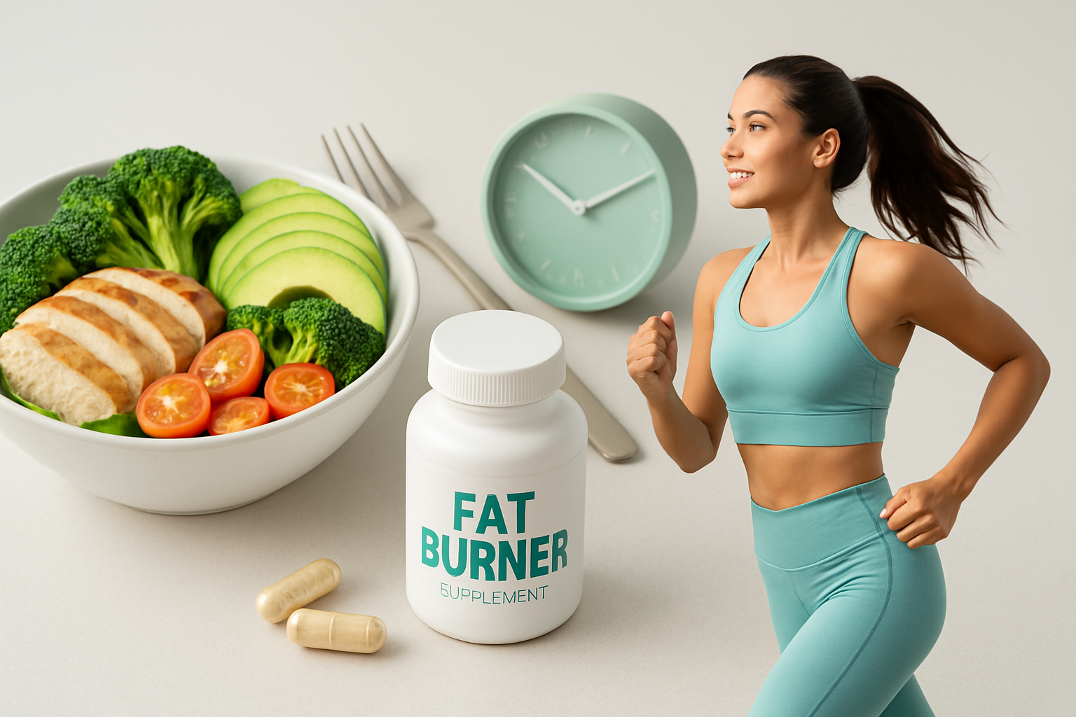 Uhr mit Teller und Fatburner Kapseln für optimales Einnahme-Timing