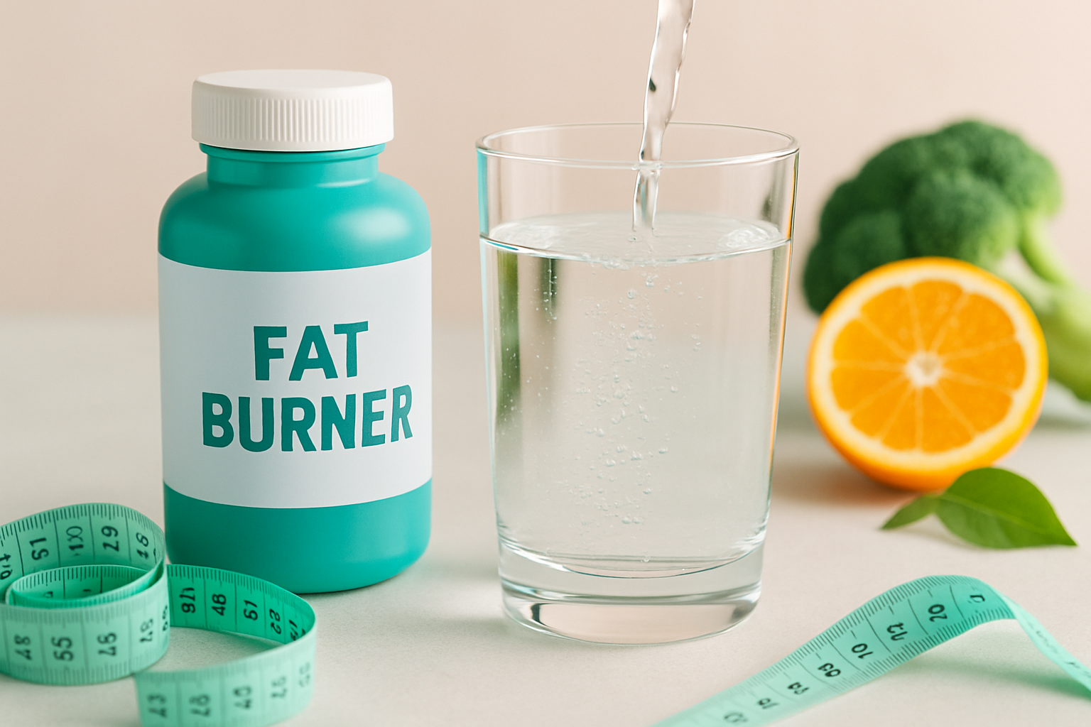 Wasserglas und Fatburner Supplements symbolisieren optimale Hydration für Fettverbrennung