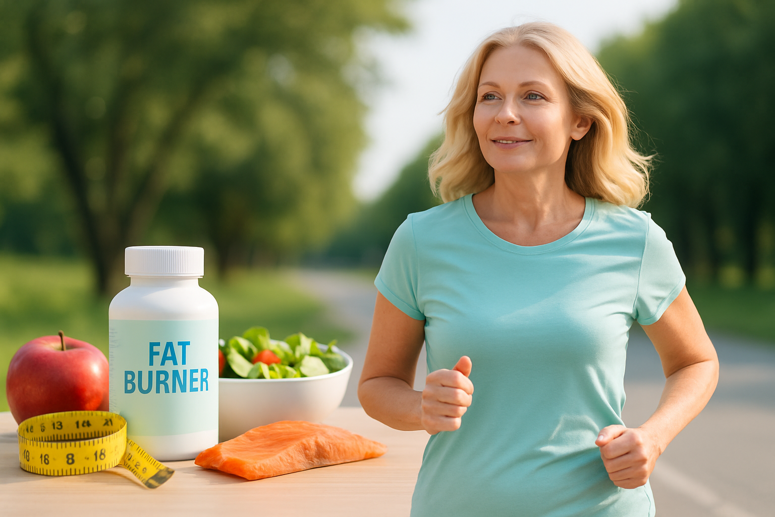 Frau in den Wechseljahren trainiert mit gesunden Lebensmitteln und Fatburner Supplements