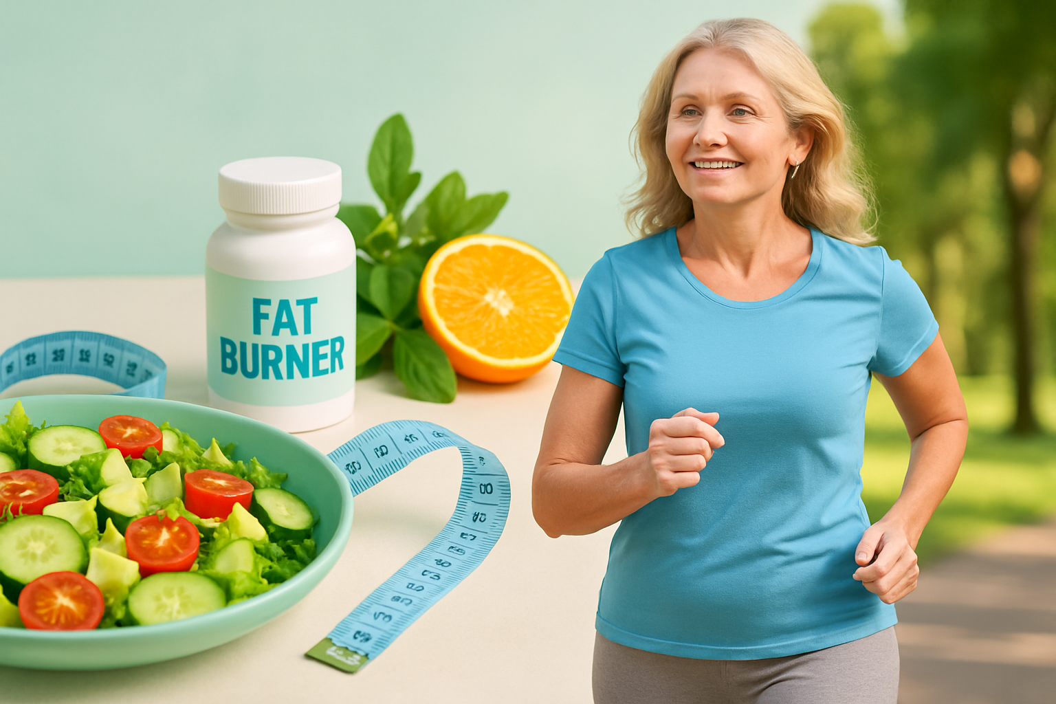 Frau in den Wechseljahren mit Maßband um die Taille misst Bauchfett und hält Fatburner Supplements