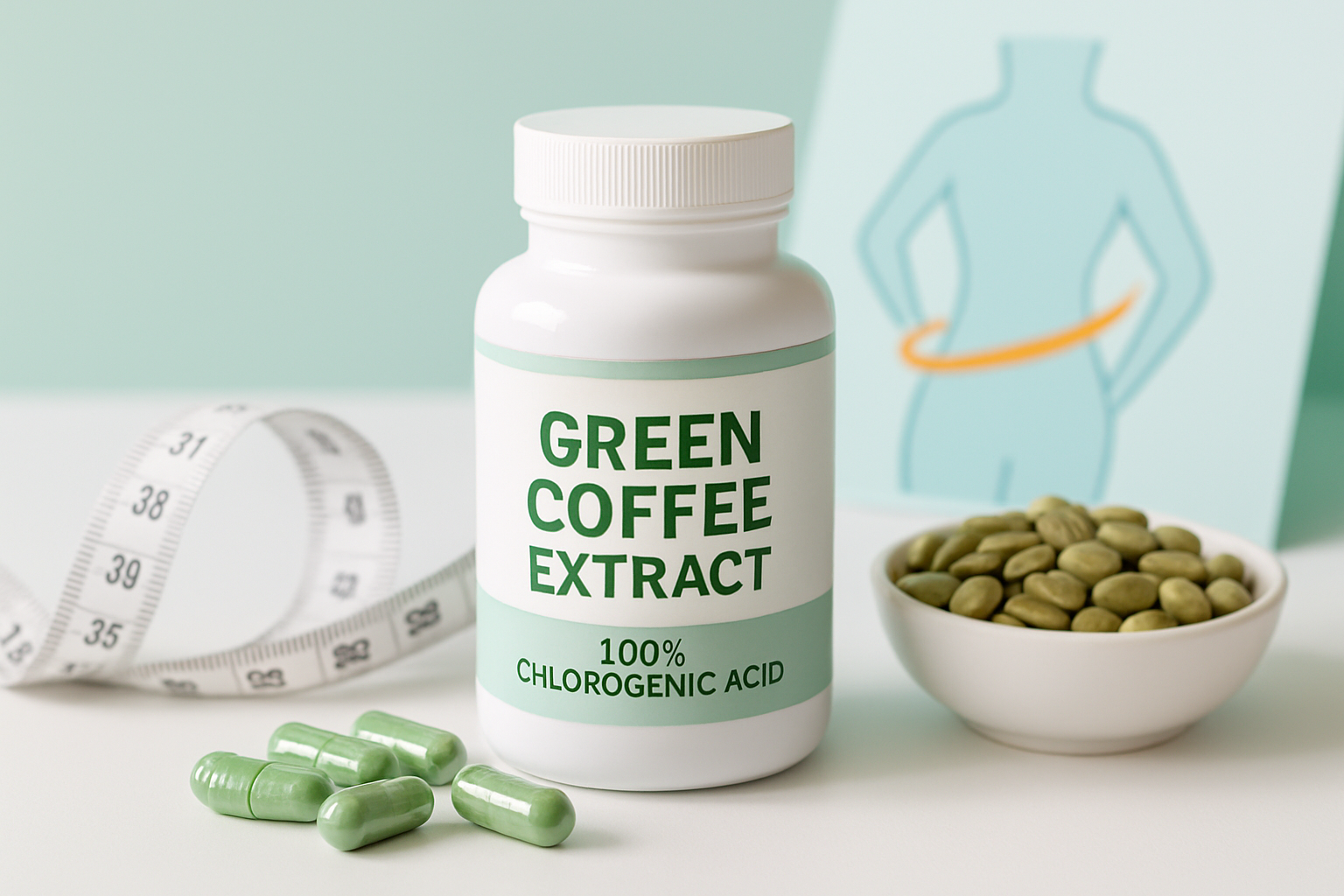 Grüne Kaffeebohnen und Extrakt-Kapseln als natürlicher Fatburner