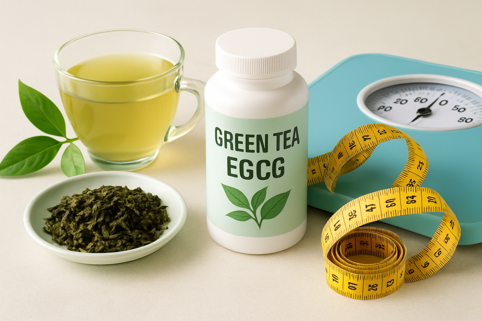 Grüner Tee in traditioneller Tasse mit frischen Teeblättern und EGCG-Molekülstruktur