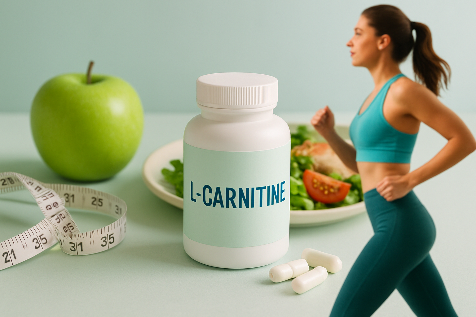 L-Carnitin Kapseln und Pulver mit molekularer Struktur im Hintergrund - wissenschaftliche Darstellung