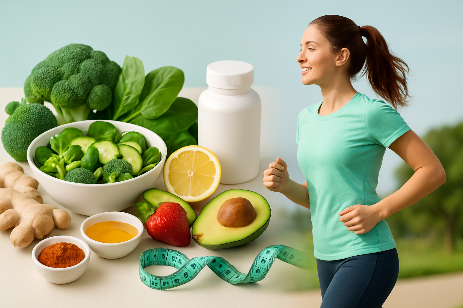 Gesunde natürliche Fatburner Lebensmittel wie Chili, Grüner Tee, Ingwer und Proteinquellen auf einem Holztisch arrangiert