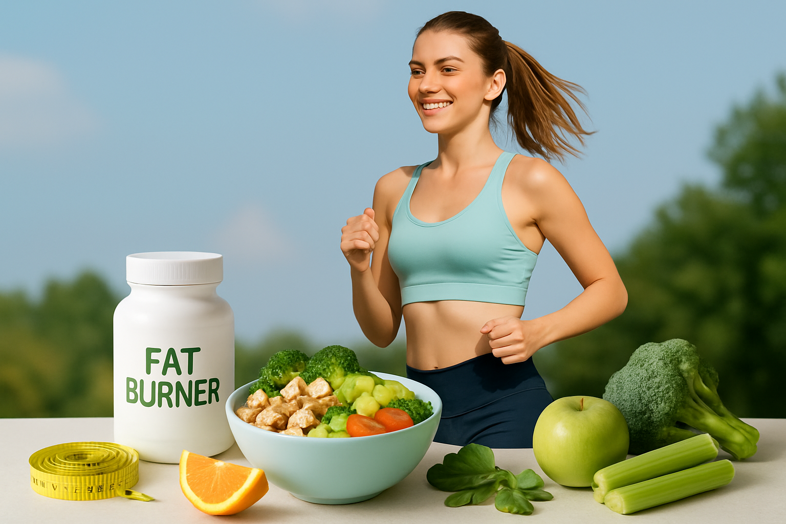 Grafische Darstellung eines aktiven Stoffwechsels mit Ernährung, Training und Fatburner-Supplements