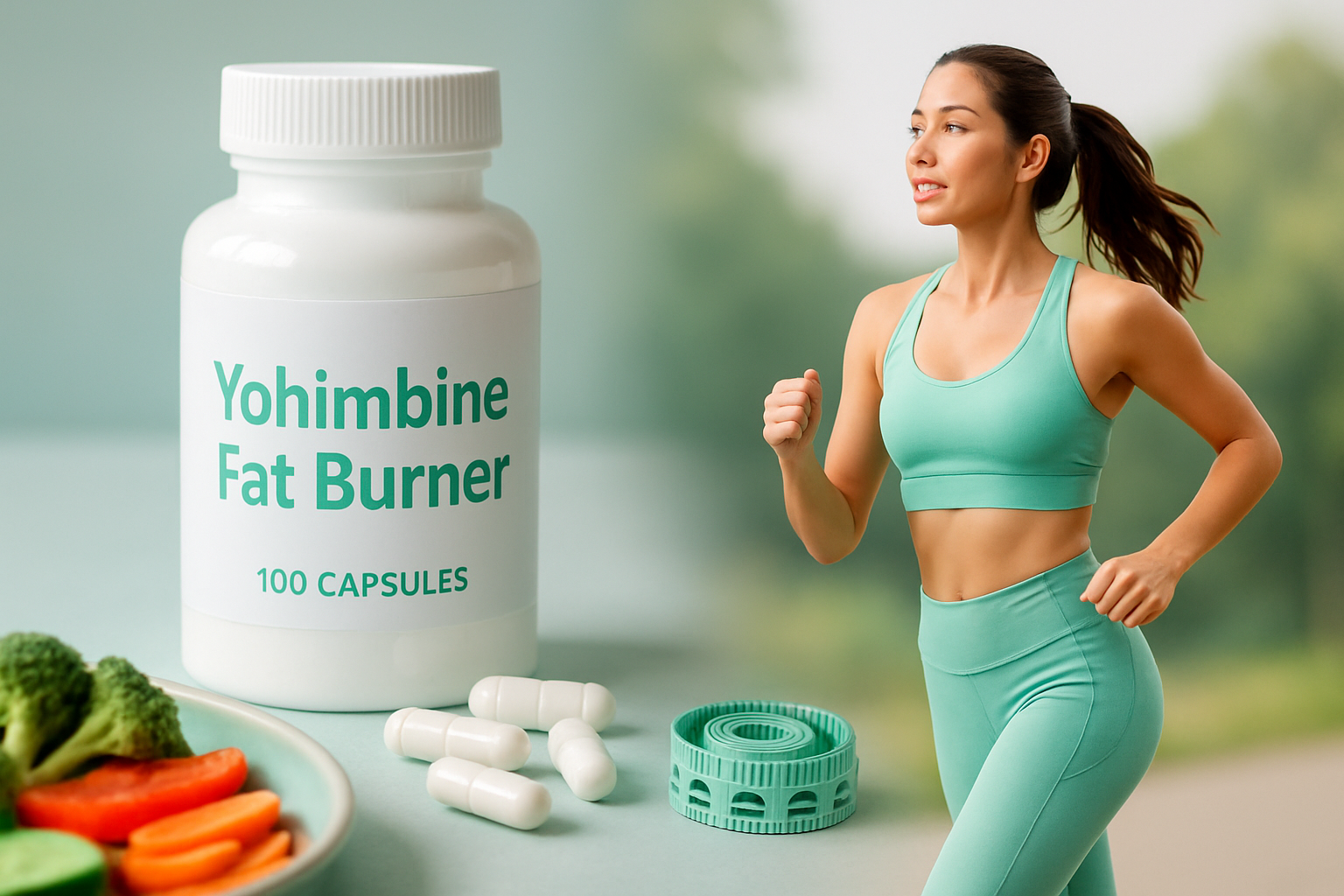 Yohimbin Fatburner Supplement neben Yohimbe-Rinde auf weißem Hintergrund